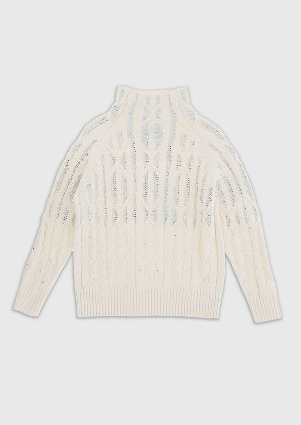 Ermanno Scervino Ivory Cable Sweater with Rhinestones