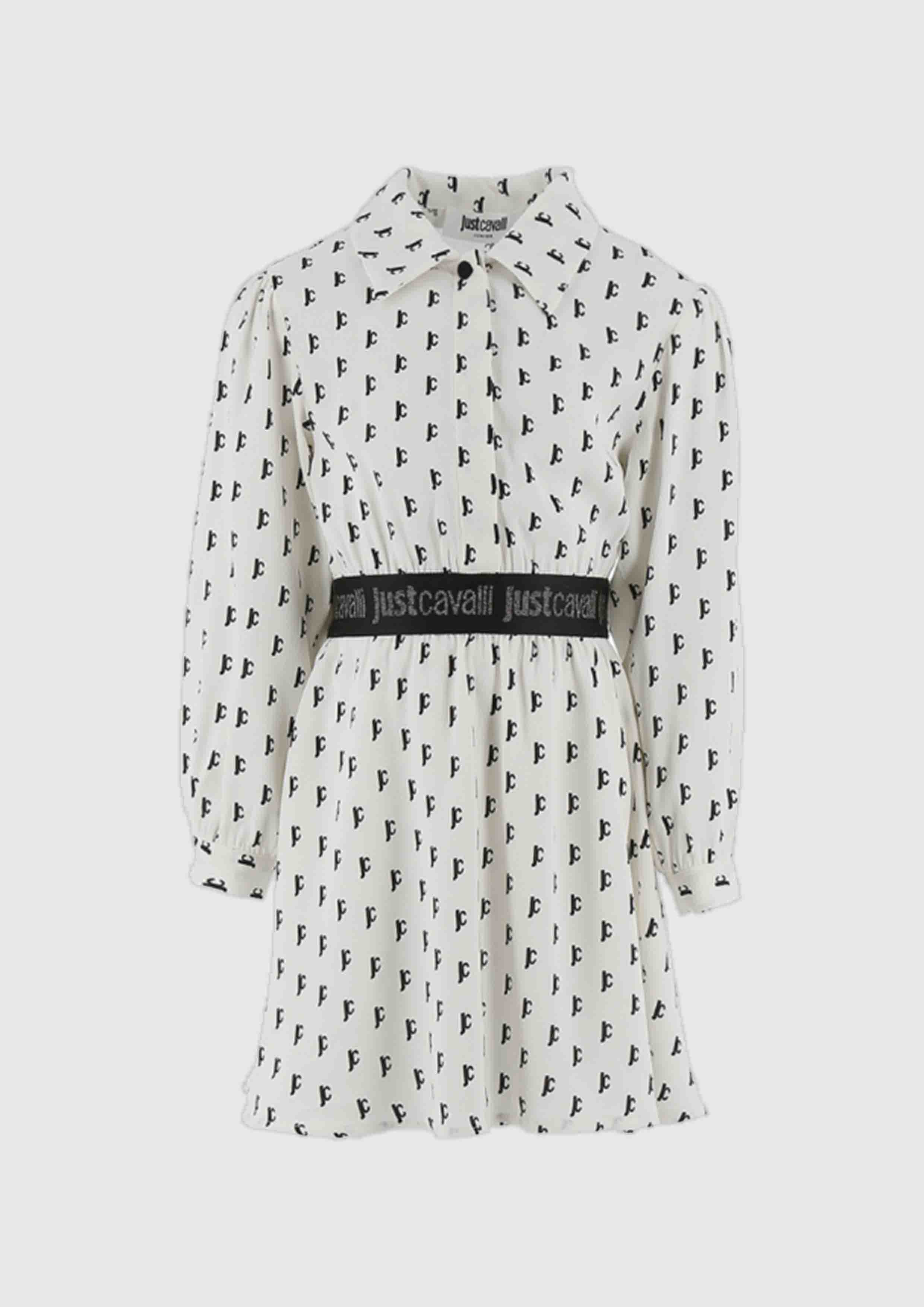 Just Cavalli White Crepe Dress With Monogram Print