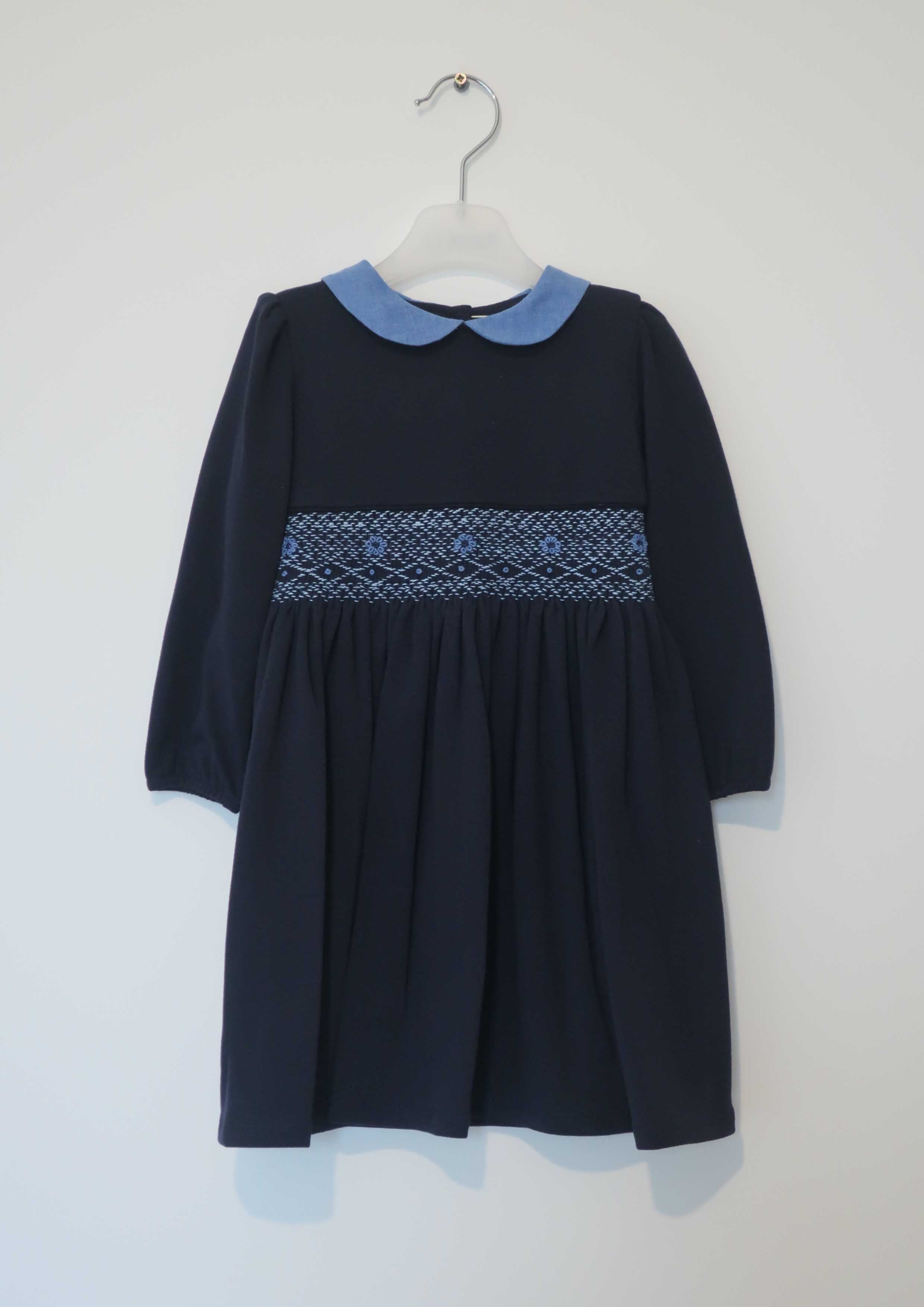 Navy Cotton Jersey Fleece Smocked Dress with Blue Collar