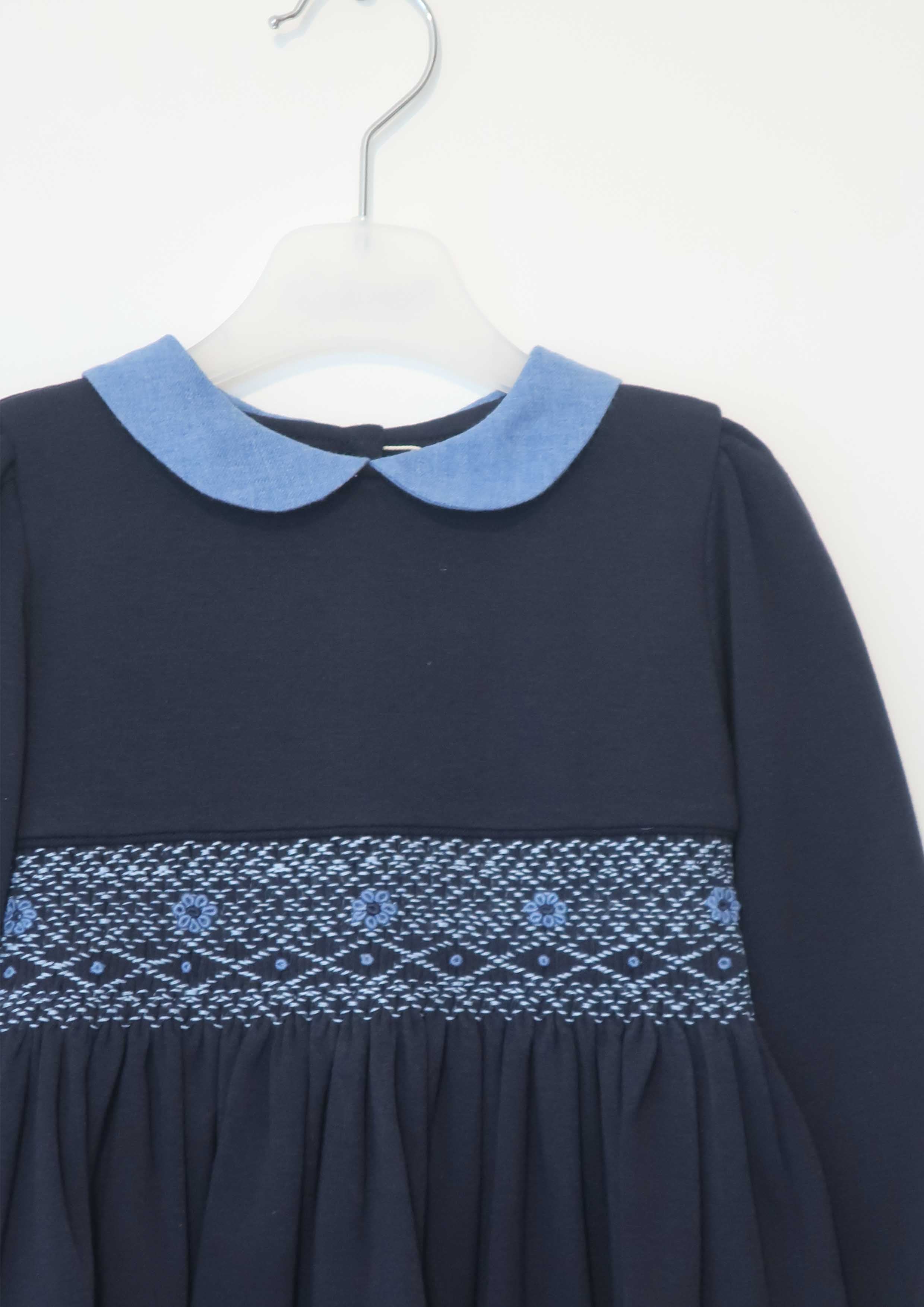 Navy Cotton Jersey Fleece Smocked Dress with Blue Collar