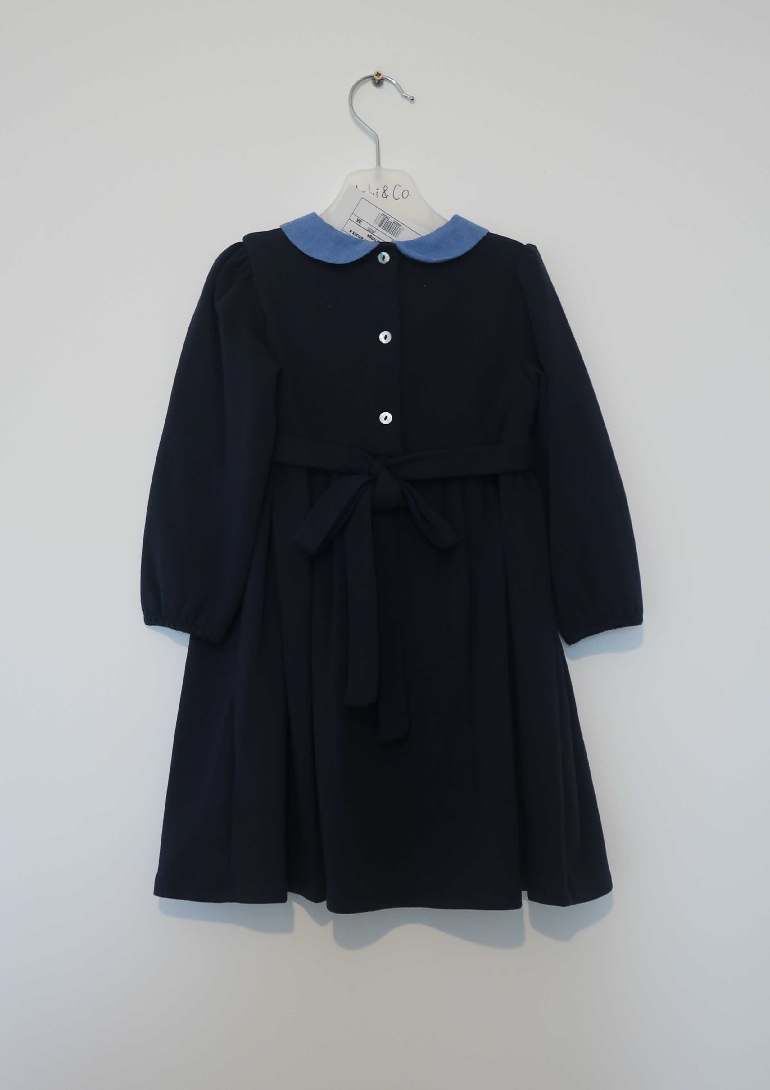 Navy Cotton Jersey Fleece Smocked Dress with Blue Collar