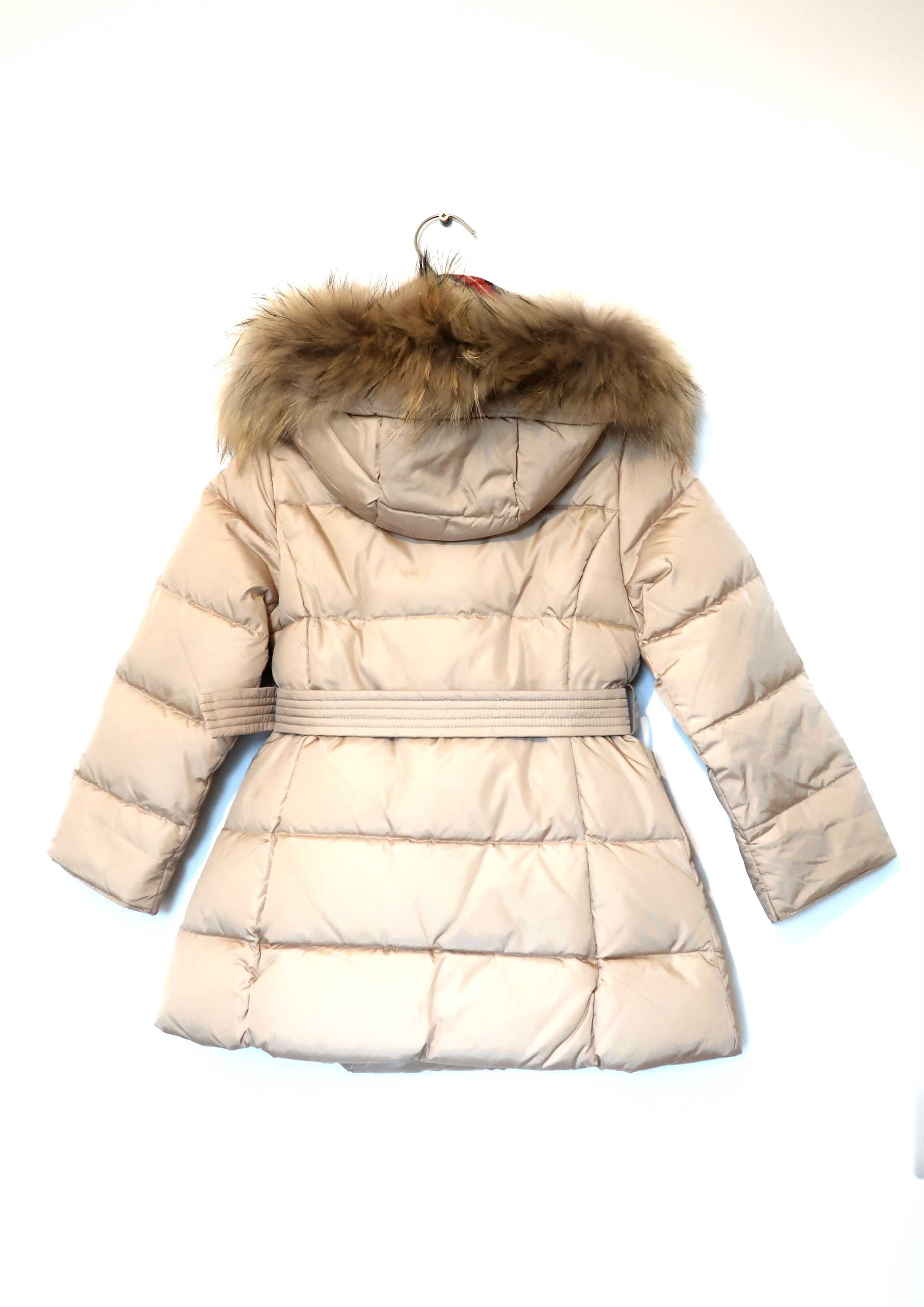 Beige Belted Puffer Coat With Real Fur - Tiny Models