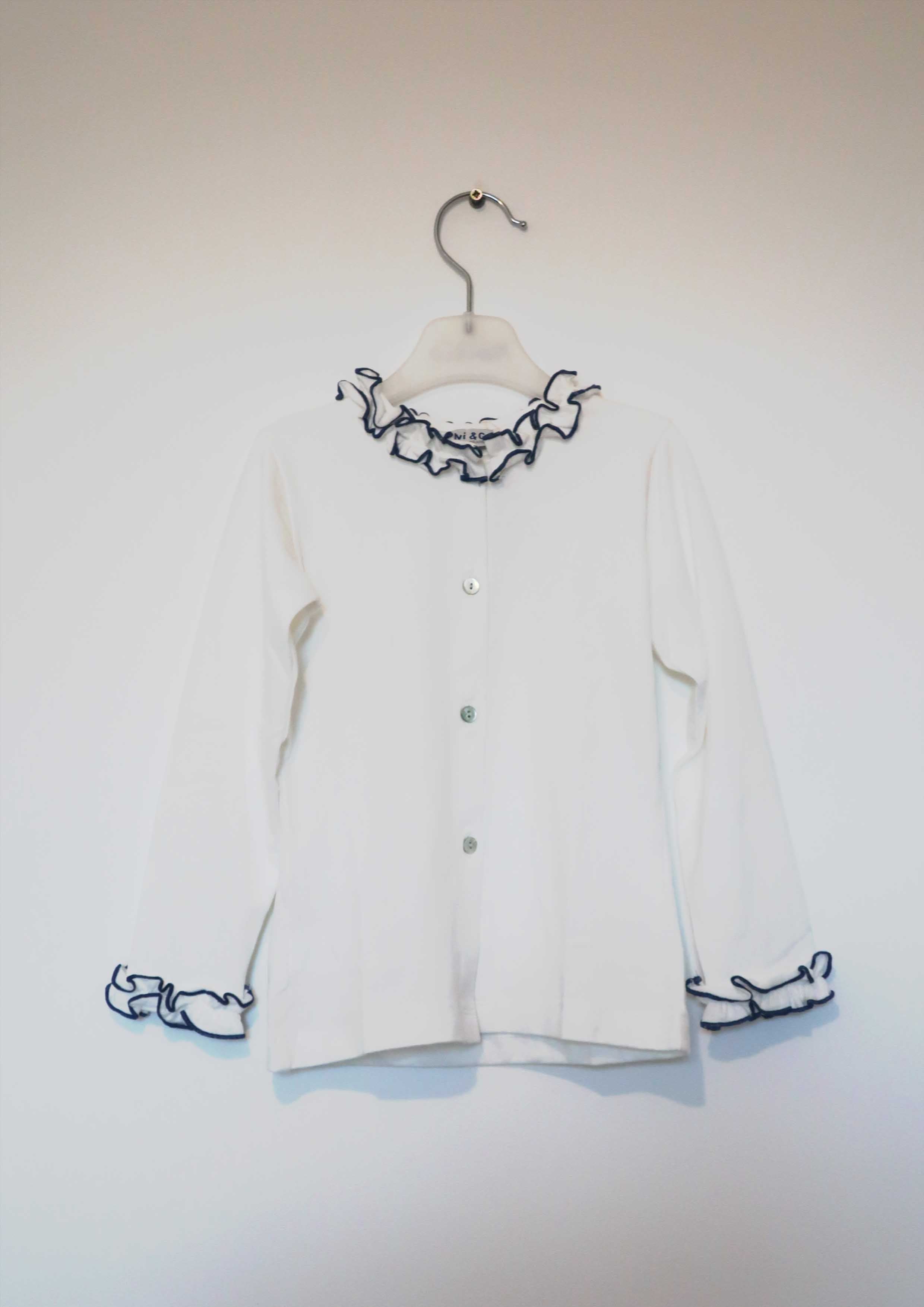 Navy Frill Collar White Jersey Blouse.