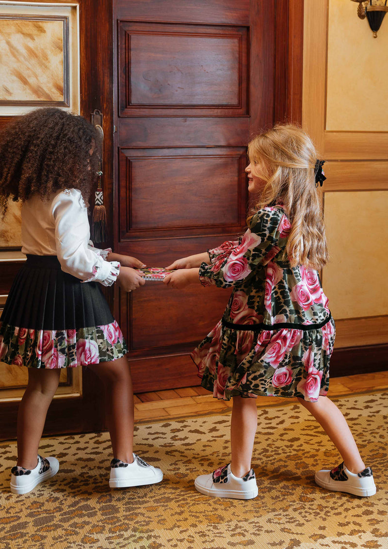 Navy wool pleated floral skirt