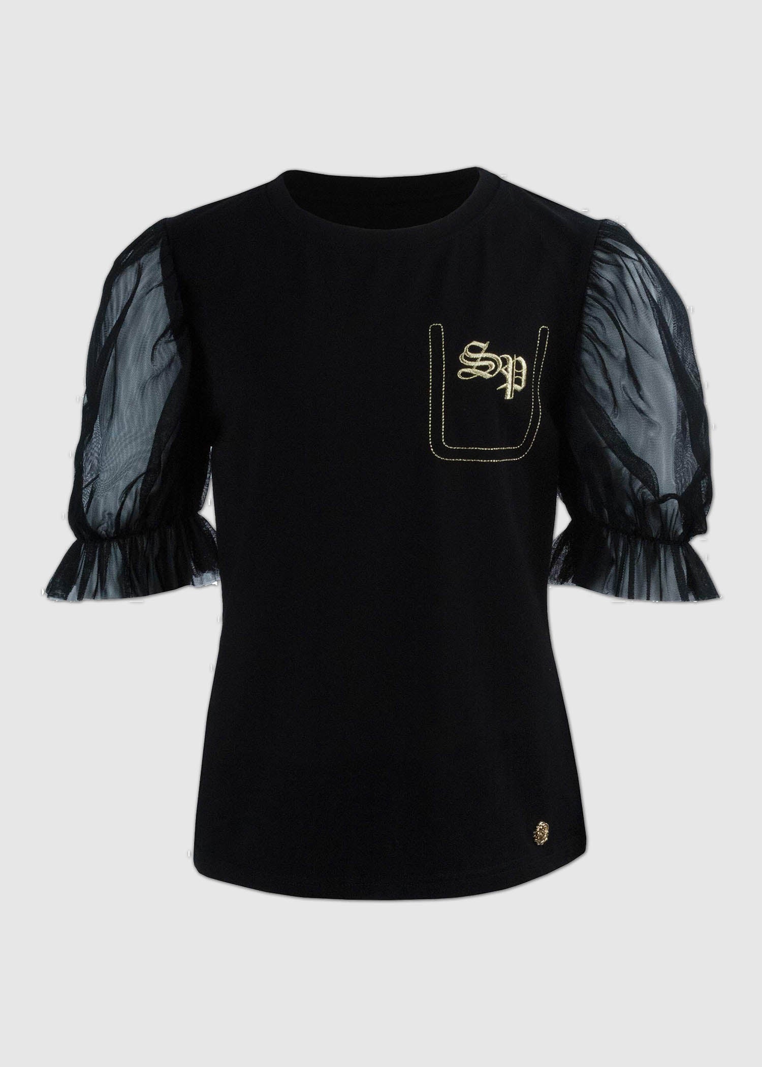 Stefania Black T-shirt With Organza Puff Sleeve